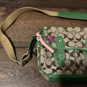Coach Messenger Bag - green leather accents & butterfly accessories